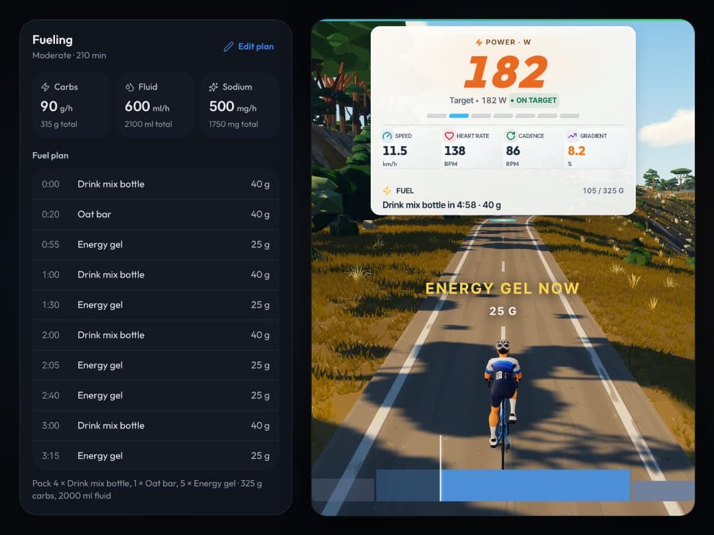 A 3.5-hour ride's fuel plan, and the same plan in MTP Ride showing Energy gel now.